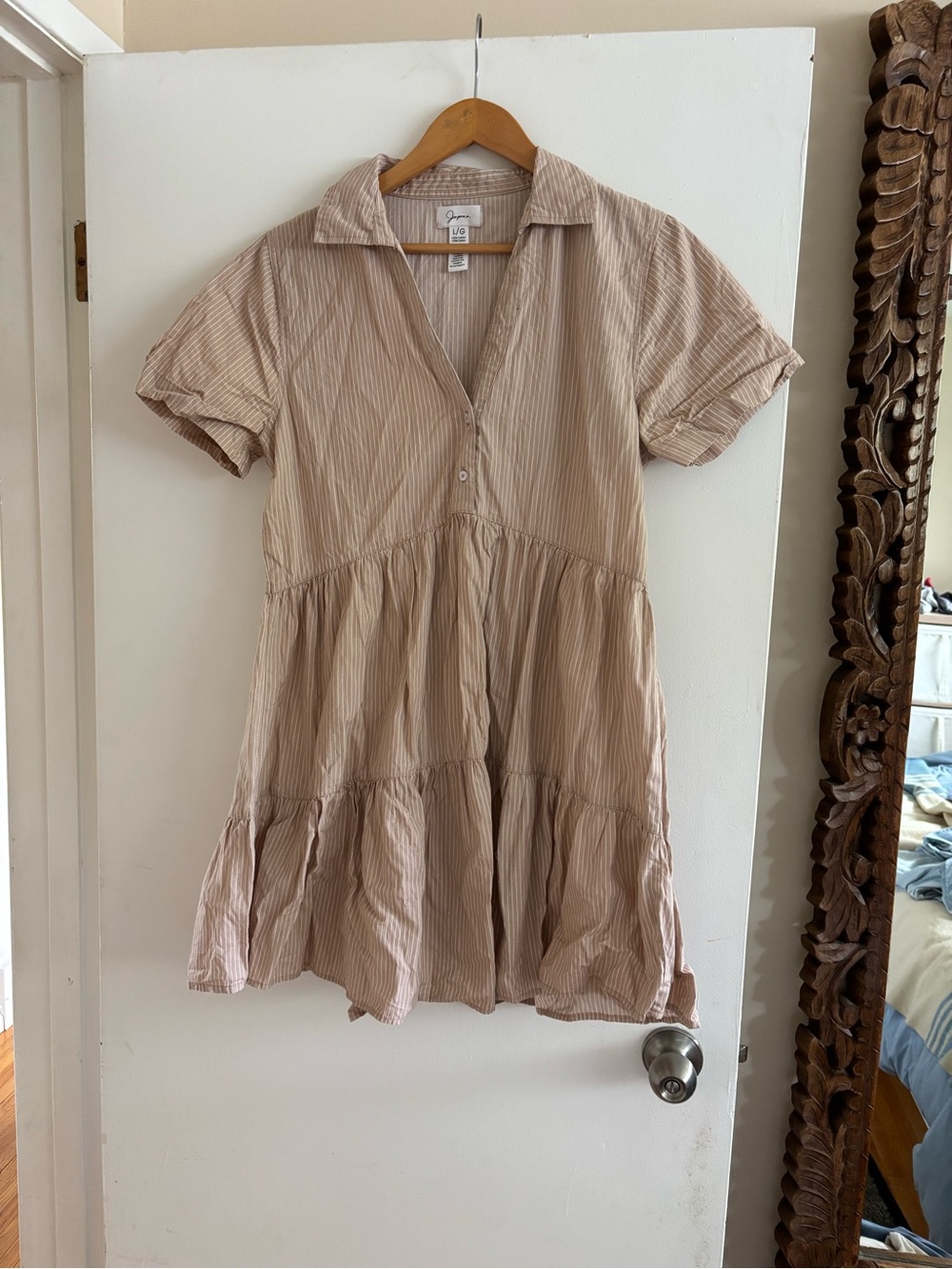 Anna Striped Button-Up Shirt — Beige and White